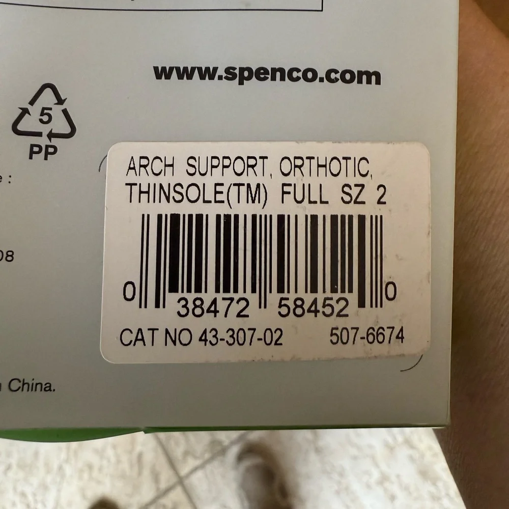 SpencoRX Thinsole Orthotic Arch‎ Supports Full-Length W(7-8) M(6-7)